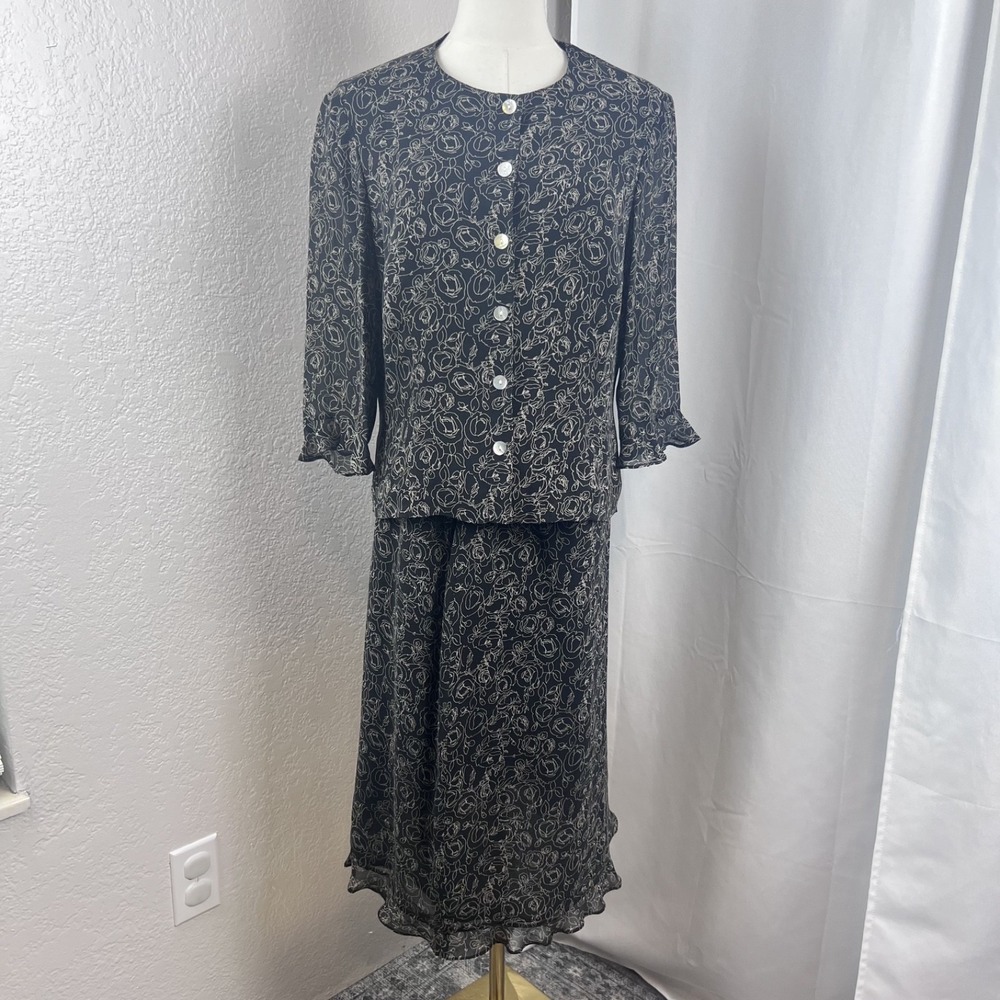 Vintage 2 Pc Set Shirt Skirt Womens 10 Black Floral 100% Silk Career Classic NWT